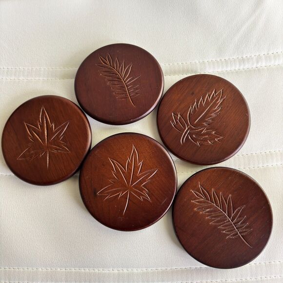 Set Of 5 Hausenware Dark Grain Leaf Carved Wooden Drink Coasters #H - Picture 1 of 4